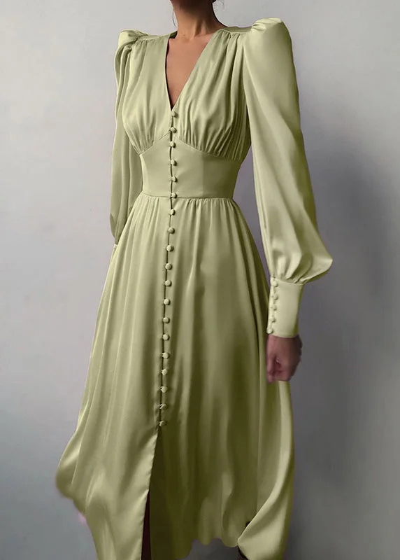 Slim Fit Green V Neck Wrinkled Silk Maxi Dress Puff Sleeve ZL061 Trendy Maxi Dress with Straps