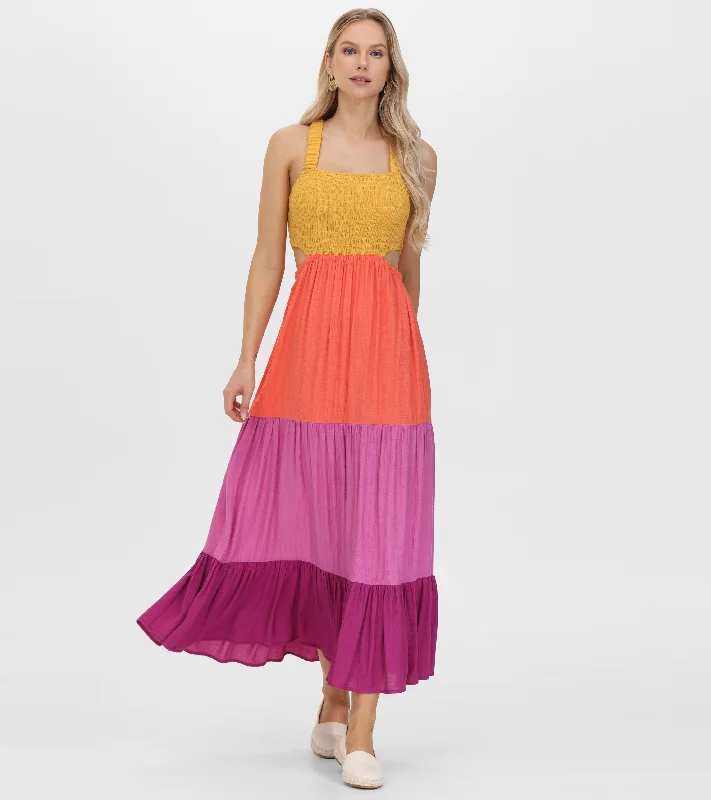 Smocked Color Block Maxi Dress Elegant Boho Maxi Dress
