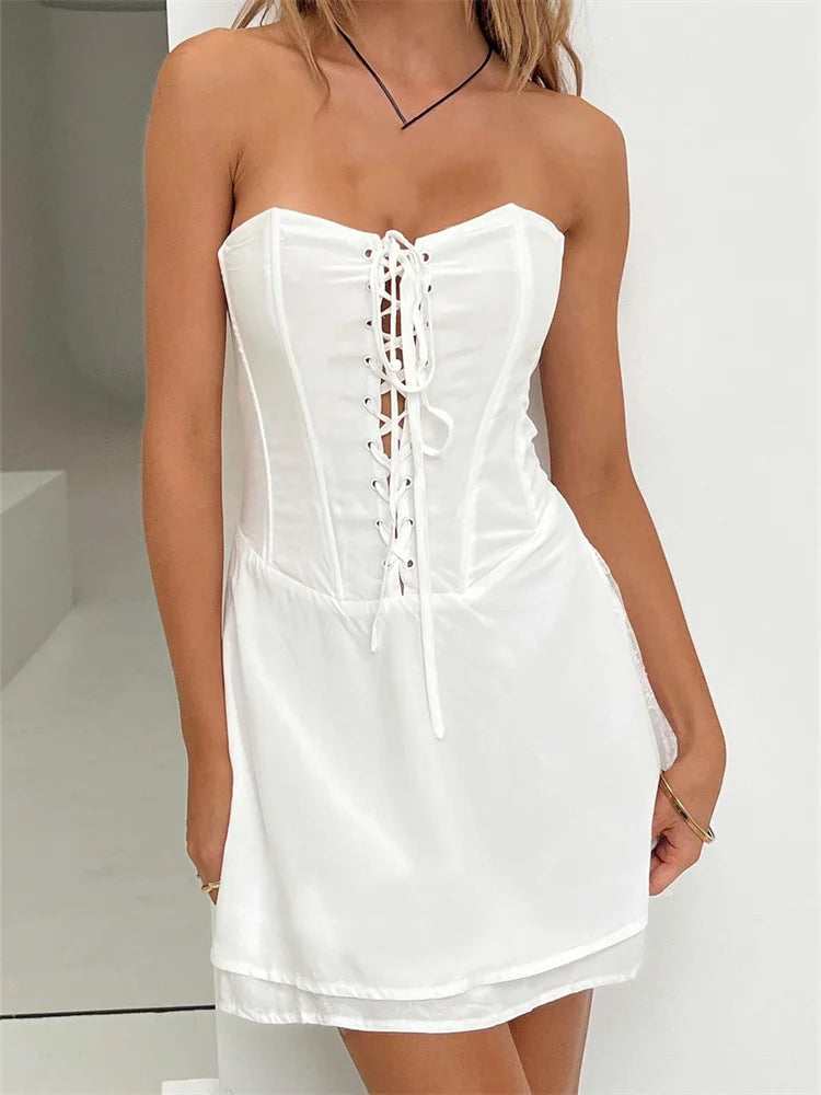 Trendy Criss-Cross Lace-Up Tube Mini Dresses Trendy Denim Mini Dress