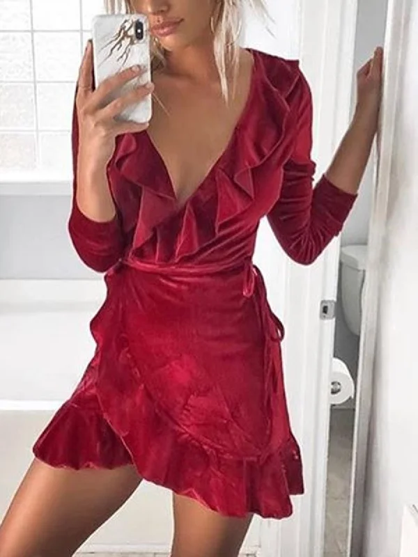 V-neck Ruffled Irregular Long-sleeved Mini Dress Fashionable Mini Dress with Pockets