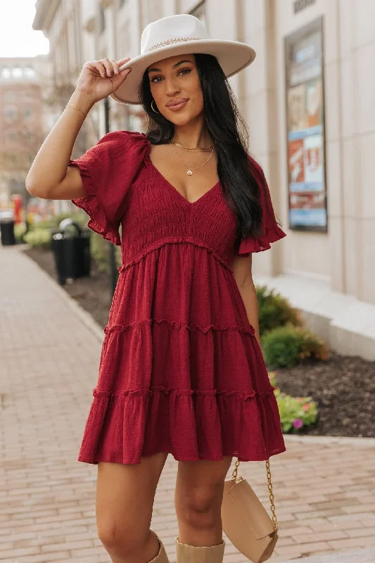 Wine Babydoll Smock Tiered Mini Dress Elegant Satin Lace Mini Dress