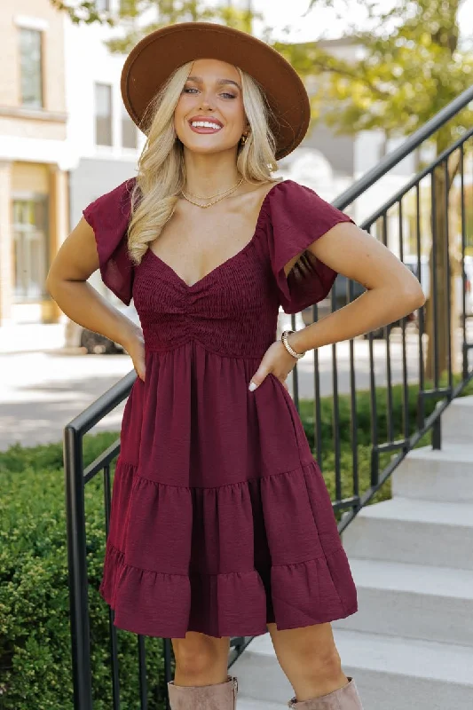 Wine Sweetheart Tiered Mini Dress Trendy Bodycon Mini Dress