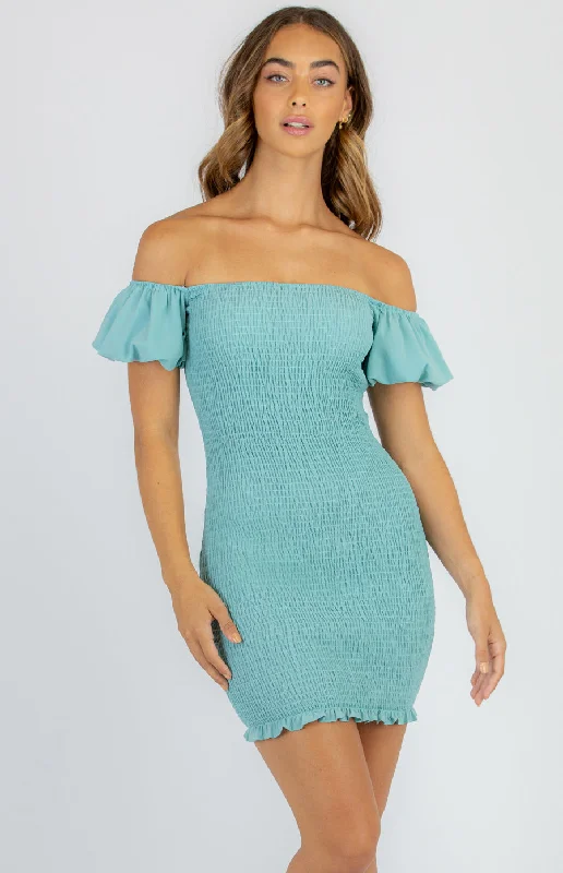 Off The Shoulder Shirred Mini Dress Fashionable Lace Mini Dress