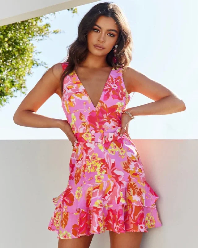 Yokana Mini Dress - Pink Floral Elegant Silk Mini Dress