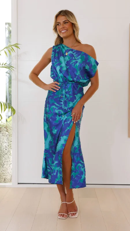 Zabby Maxi Dress - Green / Blue Print Cozy Spaghetti Strap Maxi Dress