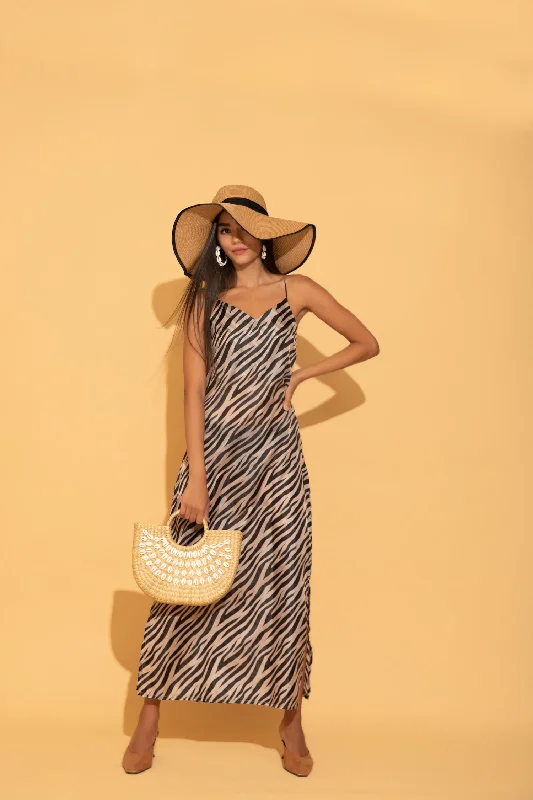 Zebra Print Maxi Dress Comfortable Maxi Dress with Sleeves