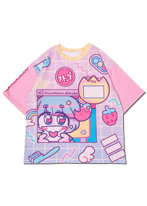 Harajuku-Kei Everyday Anime Tee Denim Fabric Leather Fabric Suede Fabric