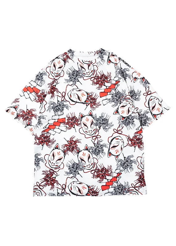 Higabana Kitsune Fox White Oversized Tee Iron Safe Non-Iron Wrinkle Free