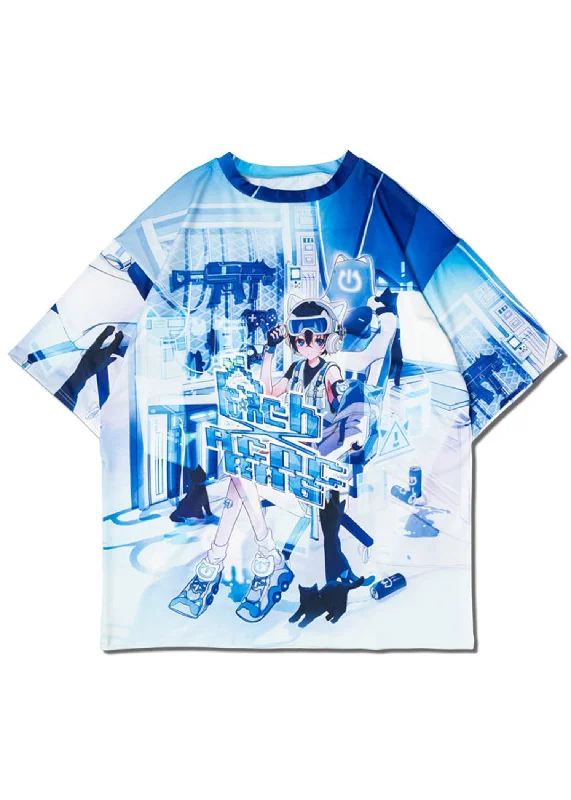 Peach Punch Cyber Cat Oversized Tee Collared Crew Neck Turtle Neck