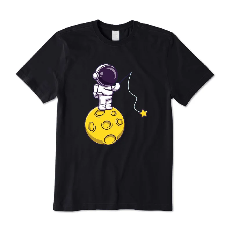 Astronaut Fishing Stars on Moon T-Shirt Satin Fabric Silk Fabric Chiffon Fabric