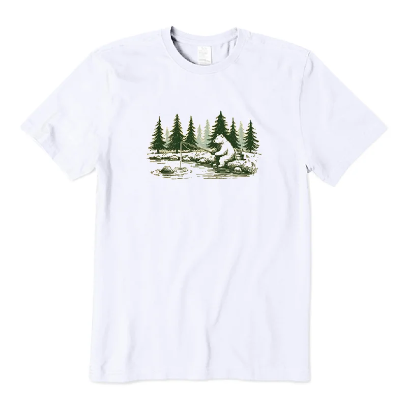 Bear Fishing Scene T-Shirt Fleece Nylon Spandex