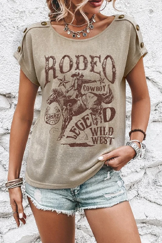 Button Sleeve Rodeo Graphic T-Shirt Modern Contemporary Chic