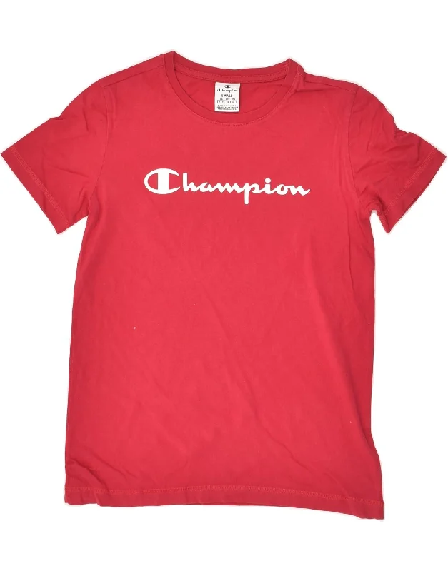 CHAMPION Womens T-Shirt Top UK 10 Small Pink Cotton Asymmetrical Pockets Print