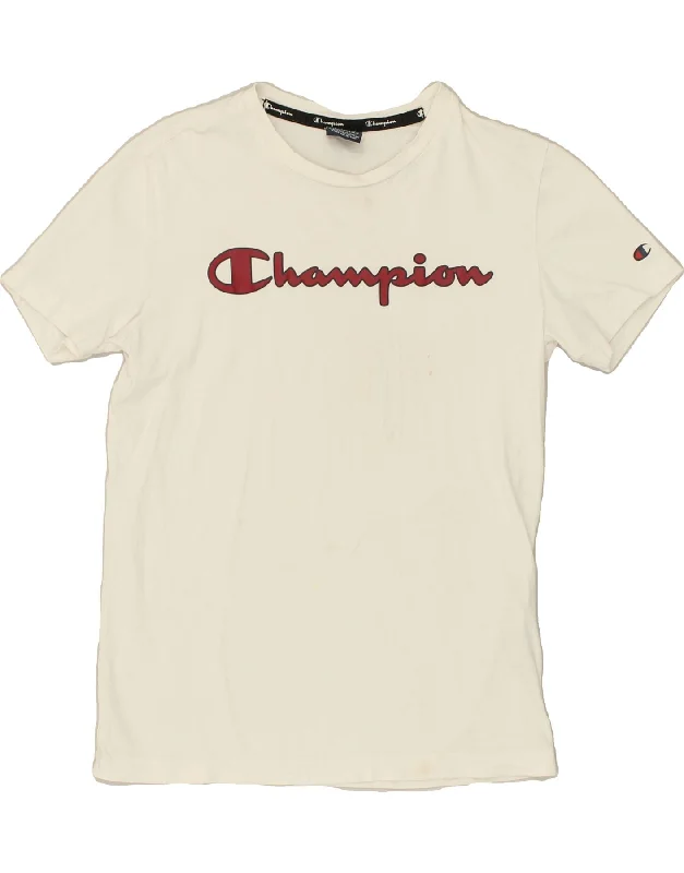CHAMPION Womens T-Shirt Top UK 6 XS Off White Cotton Striped Floral Plaid