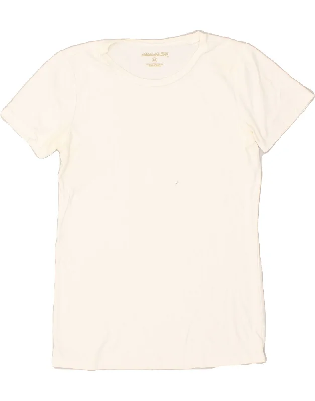 EDDIE BAUER Womens T-Shirt Top UK 12 Medium White Cotton Zippered Front Buttoned Front Snap Front