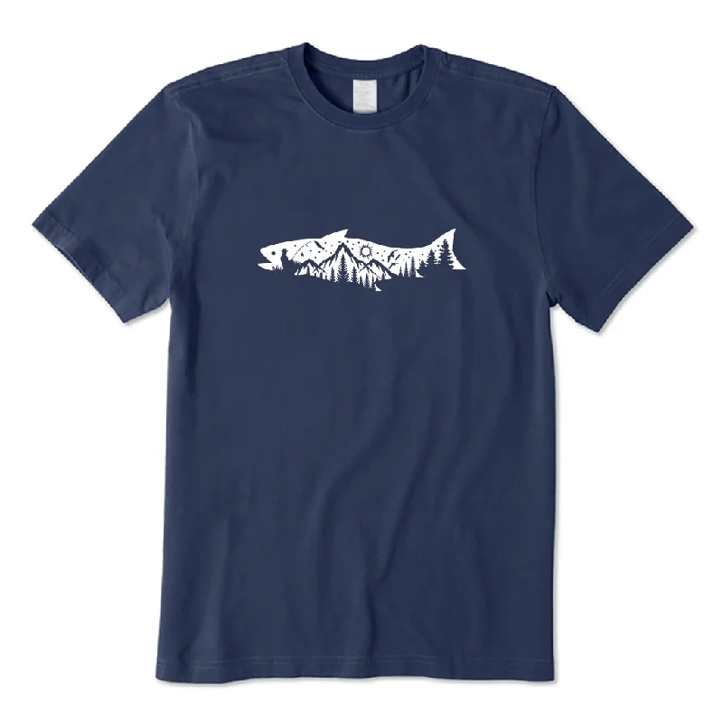 Fishing Mountain And Trees T-Shirt Solid Color Striped Floral