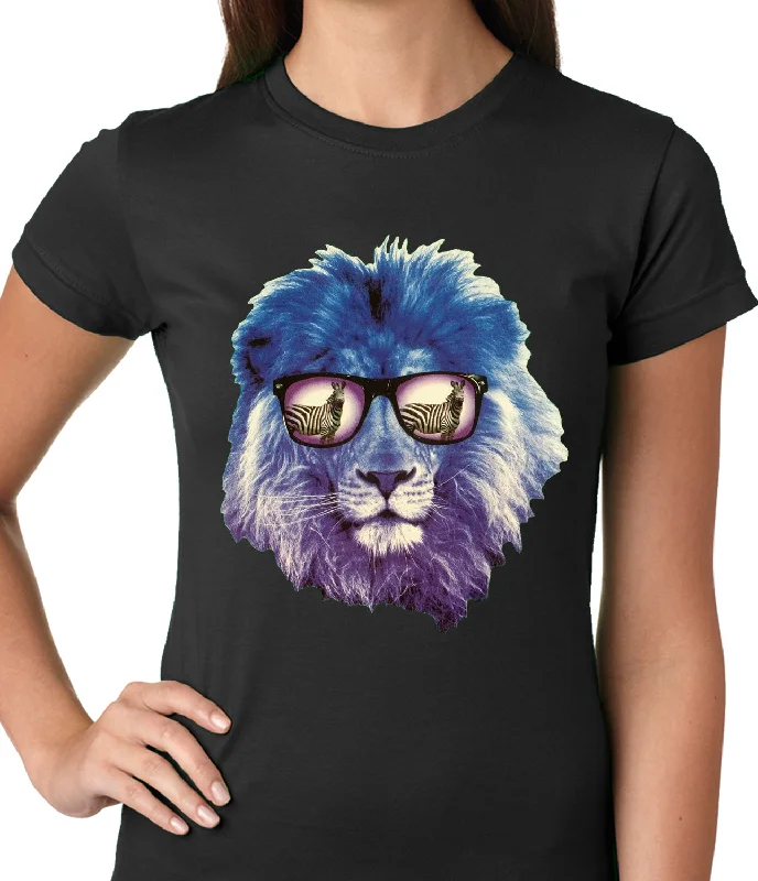 Lion Wearing Sunglasses Looking at a Zebra Ladies T-shirt Spandex Blend Rayon Blend Denim Blend