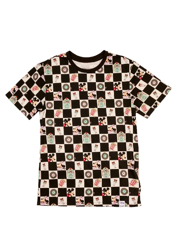 Disney Mickey & Minnie Date Night Diner Checkered Unisex Tee Mesh Blend Leather Blend Suede Blend