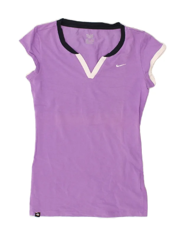 NIKE Womens T-Shirt Top UK 8/10 Small Purple Cotton Notch Collar Peter Pan Collar Cowl Neck