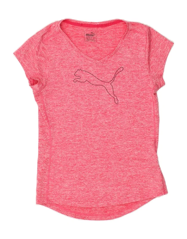 PUMA Womens T-Shirt Top UK 12 Medium Pink Flecked Polyester Thin T-Shirt Open Front Quick Dry
