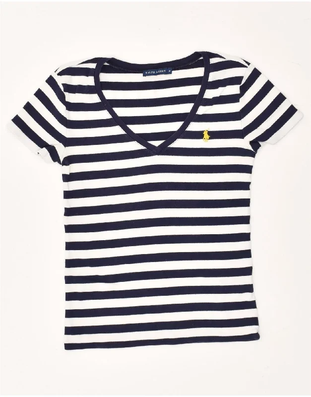 RALPH LAUREN Womens T-Shirt Top UK 12 Medium Navy Blue Striped Front Pockets Side Pockets Patch Pockets