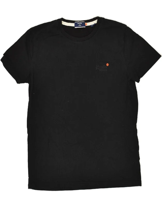 SUPERDRY Womens T-Shirt Top UK 12 Medium Black Cotton Zippered Buttoned Snapped