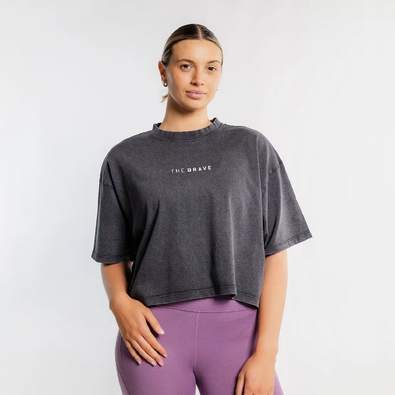 THE BRAVE - WOMEN'S LIFESTYLE OVERSIZED CROPPED T-SHIRT - BLACK ACID WASH Casual Formal Business THE BRAVE - WOMEN'S LIFESTYLE OVERSIZED CROPPED T-SHIRT - BLACK ACID WASH Casual Formal Business