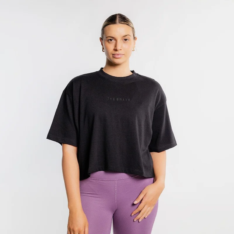 THE BRAVE - WOMEN'S LIFESTYLE OVERSIZED CROPPED T-SHIRT - BLACK/BLACK Rayon Velvet Corduroy THE BRAVE - WOMEN'S LIFESTYLE OVERSIZED CROPPED T-SHIRT - BLACK/BLACK Rayon Velvet Corduroy