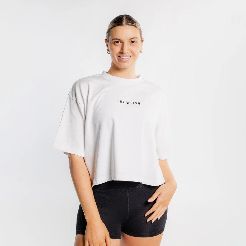THE BRAVE - WOMEN'S LIFESTYLE OVERSIZED CROPPED T-SHIRT - WHITE/BLACK Hooded Caped Shawl Collar THE BRAVE - WOMEN'S LIFESTYLE OVERSIZED CROPPED T-SHIRT - WHITE/BLACK Hooded Caped Shawl Collar