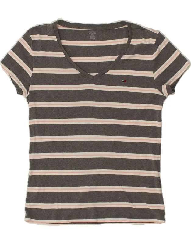 TOMMY HILFIGER Womens T-Shirt Top UK 12 Medium Grey Striped Cotton Welt Pockets Slit Pockets Flap Pockets