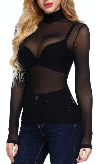 Women's mesh turtleneck T-shirt Elasticated Padded Insulated