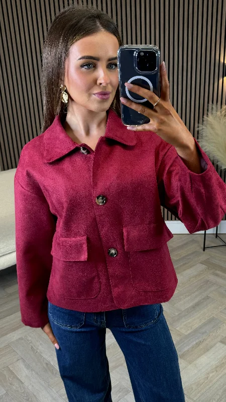Amelie Burgundy Suede Finish Collared Jacket Cardigan Sweater Pullover