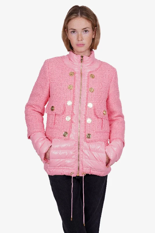 Balmain Neon Pink Tweed/Down Puffer Jacket with Gold Buttons Size 38 Zip Front Button Front Snap Front