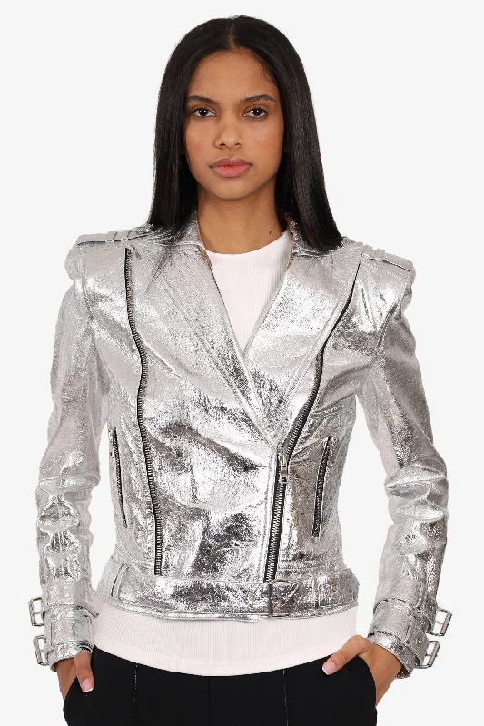 Balmain Silver Metallic Leather Biker Jacket Size 38 Anorak Shell Jacket Lightweight Jacket