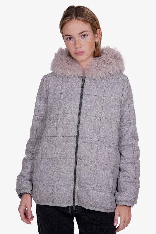 Brunello Cucinelli Grey Cashmere Down Jacket with Shearling Hood Size 42 Knit Jacket Woven Jacket Fleece Jacket
