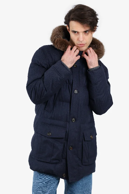 Brunello Cucinelli Navy Puff Jacket with Fur Line Hood Size XL Stand-Up Collar Roll-Neck Collar Turtle Neck