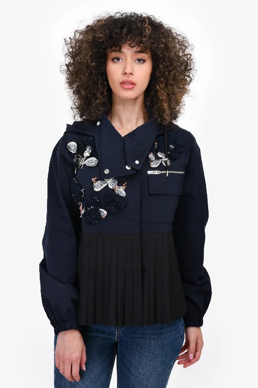Christian Dior 2016 Runway Navy Pleated Embroidered Cropped Jacket Size 6 US Rayon Jacket Velvet Jacket Corduroy Jacket