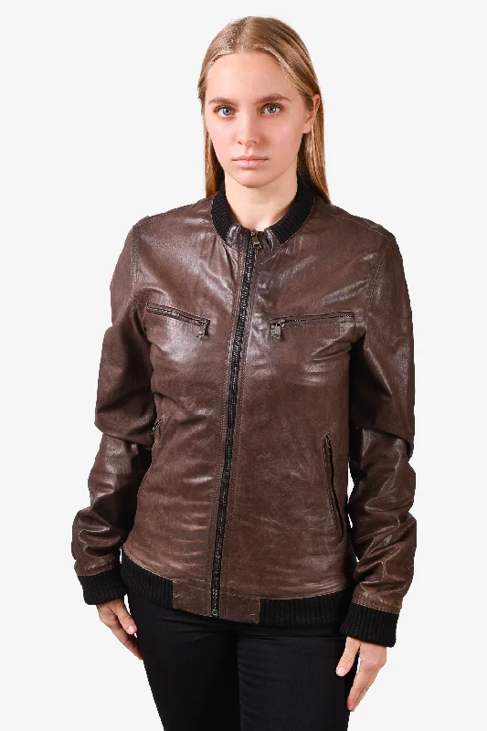 Dolce & Gabbana Brown Leather Jacket with Zip Size 46 Mens Front Pockets Side Pockets Patch Pockets