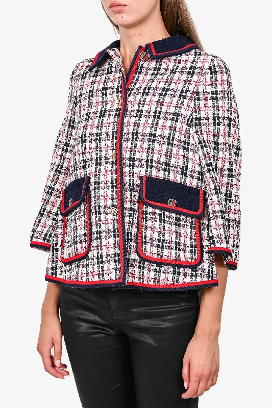 Gucci Red/Navy/White Tweed Collared 'G Web' Button Jacket Size 38 Wool Jacket Cashmere Jacket Tweed Jacket