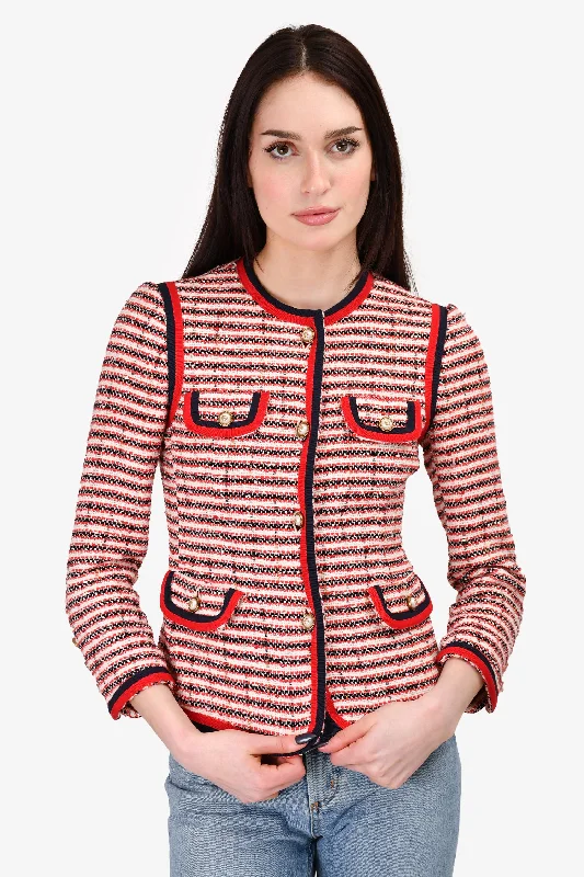Gucci Red Striped Tweed Pearl Button Jacket Size 38 Welt Pockets Slit Pockets Flap Pockets