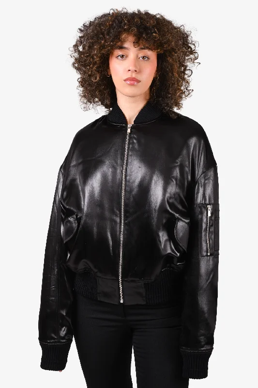 Maria McManus Black Satin Bomber Jacket Size L Herringbone Jacket Checkered Jacket Solid Jacket