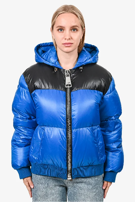 Moschino Cobalt Blue/Black Logo Down Puffer Jacket Size 34 Cotton Jacket Linen Jacket Terry Jacket