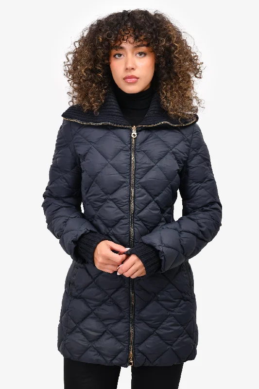 Salvatore Ferragamo Navy Nylon Quilted Puffer Jacket Size 40 Boat Neck Shawl Collar Notched Collar
