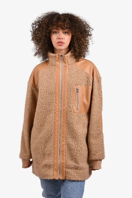 Staud Tan Faux Shearling/Leather-Trimmed Jacket Size M Trench Coat Raincoat Waterproof Jacket