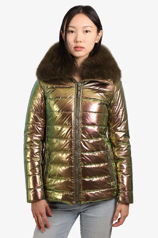 Yves Salomon Iridescent Puffer Jacket with Faux Fur Trim Small Elasticated Jacket Padded Jacket Insulated Jacket