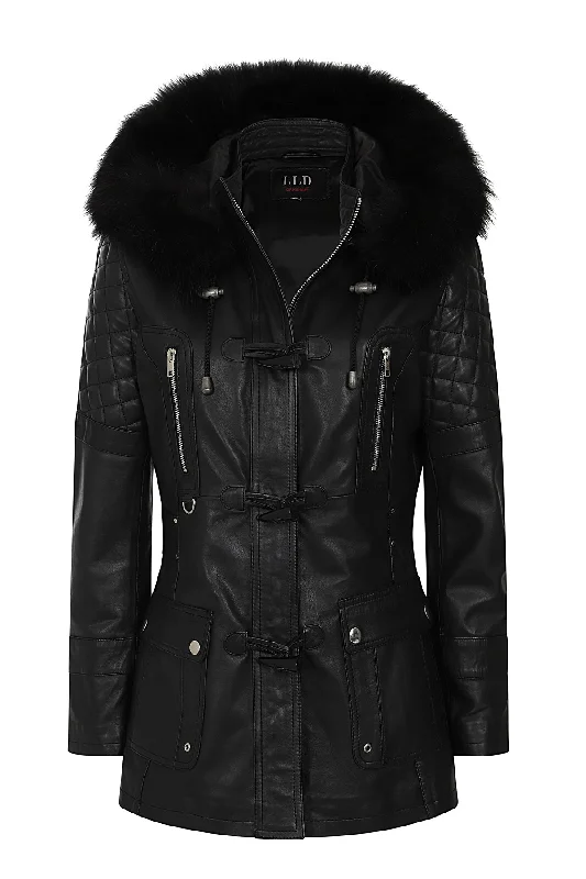 Women's Leather Jacket black - AMY Fleece Jacket Down Jacket Parka