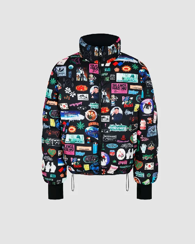 Archive Collage Puffer Jacket (Reversible) Front Pockets Side Pockets Patch Pockets