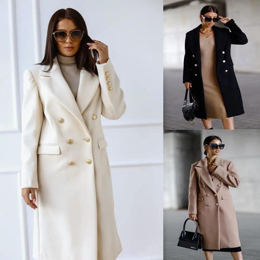 Autumn And Winter Long Metal Buckle Tweed Jacket For Women Boat Neck Shawl Collar Notched Collar Autumn And Winter Long Metal Buckle Tweed Jacket For Women Boat Neck Shawl Collar Notched Collar