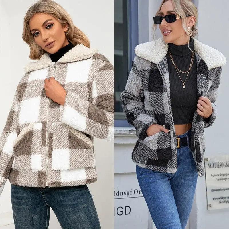 Casual Check Plush Lapel Jacket Lamb Fleece Check Pocket Top Trench Coat Raincoat Waterproof Jacket