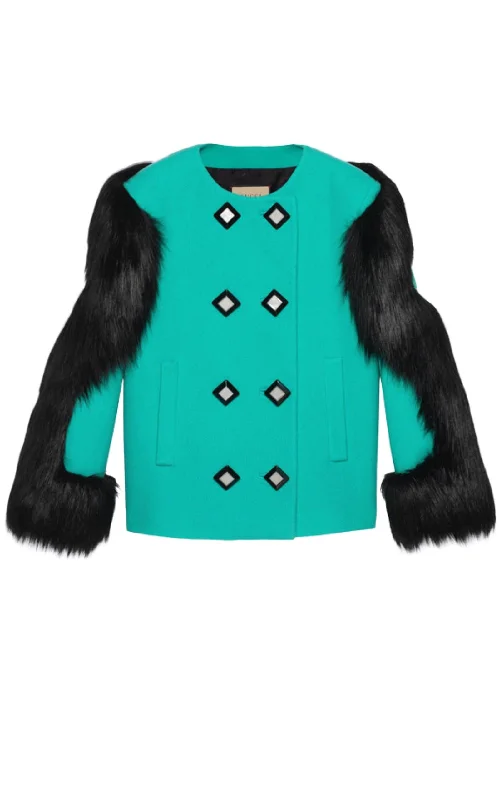 Faux Fur-trimmed Wool Jacket Chenille Fabric Brocade Fabric Lace Fabric